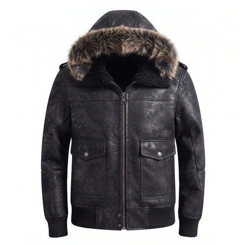 Custom Tailored Men’s Black Aviator Real Sheepskin Shearling Leather Jacket