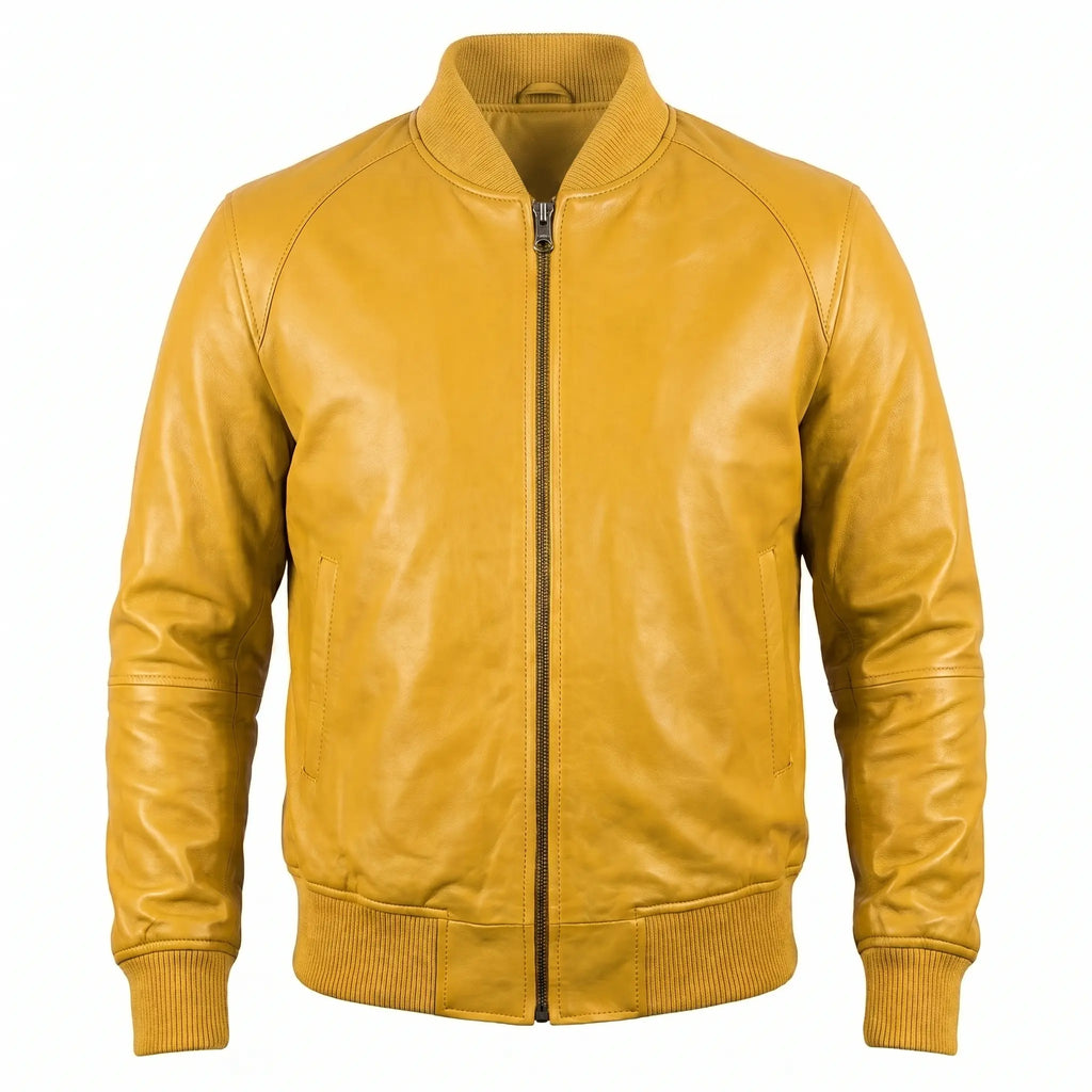 Custom Tailored Bomber Jacket Men’s Yellow Genuine Lambskin Biker Casual Jacket