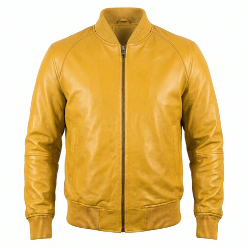 Custom Tailored Bomber Jacket Men’s Yellow Genuine Lambskin Biker Casual Jacket