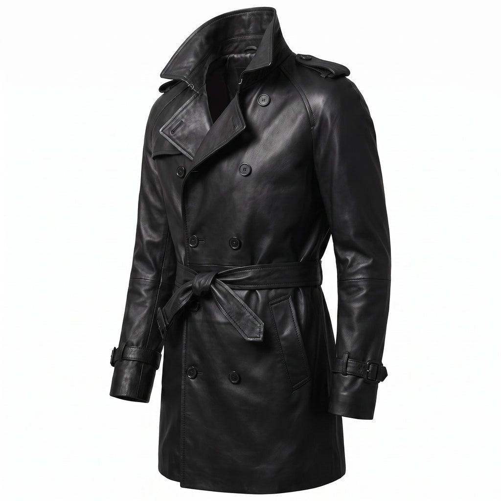 Men’s Custom Tailored Genuine Leather Trench Coat Belted Coat Jacket
