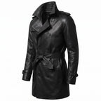 Men’s Custom Tailored Genuine Leather Trench Coat Belted Coat Jacket