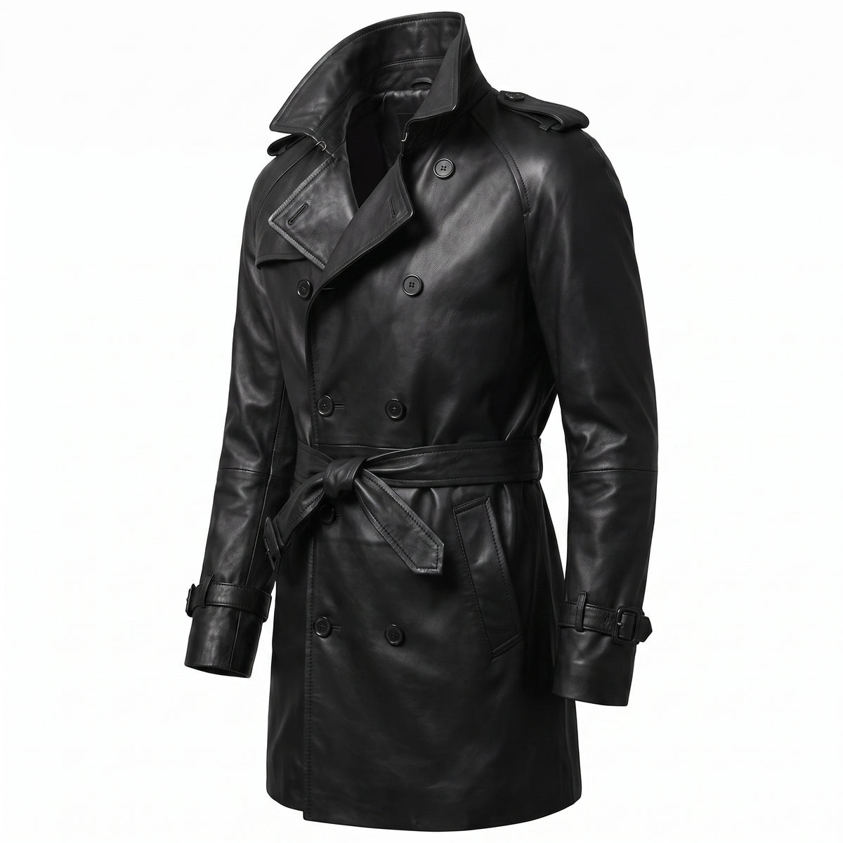 Men’s Custom Tailored Genuine Leather Trench Coat Belted Coat Jacket