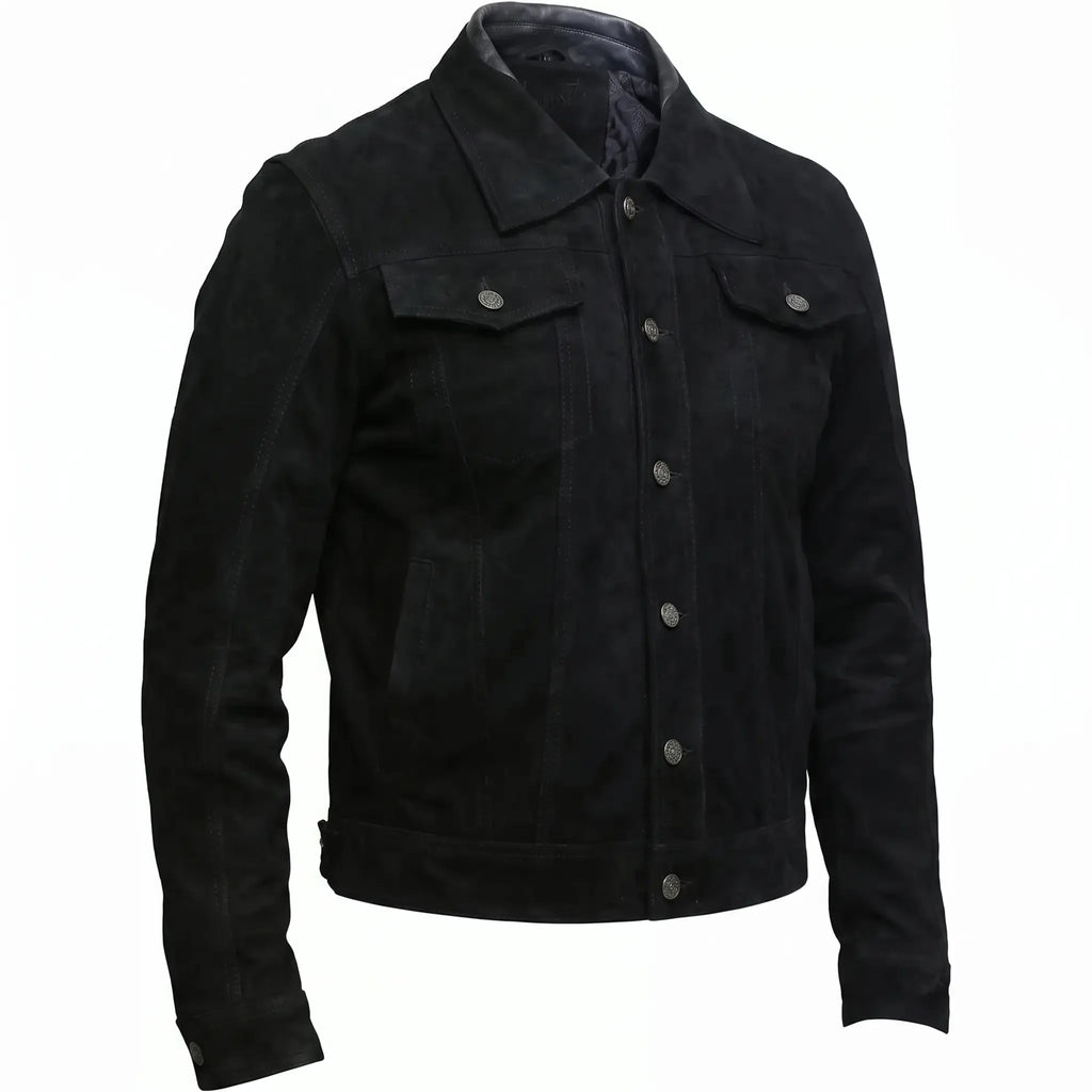 New Men’s Zipper Suede Genuine Leather Jacket Biker Motorcycle Button Black