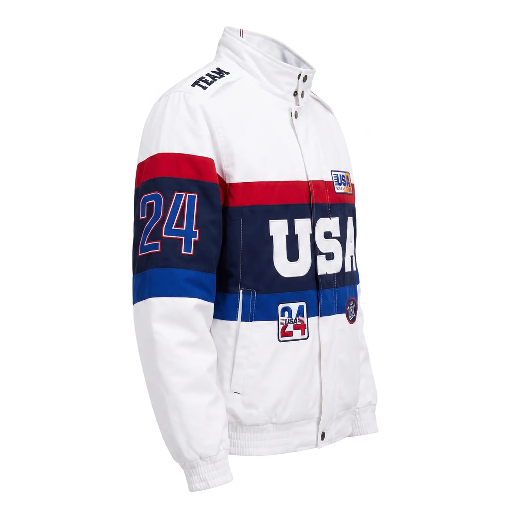 Custom Tailored Men’s Classic White Team USA Olympic Genuine Sheepskin Leather Jacket with USA Flag