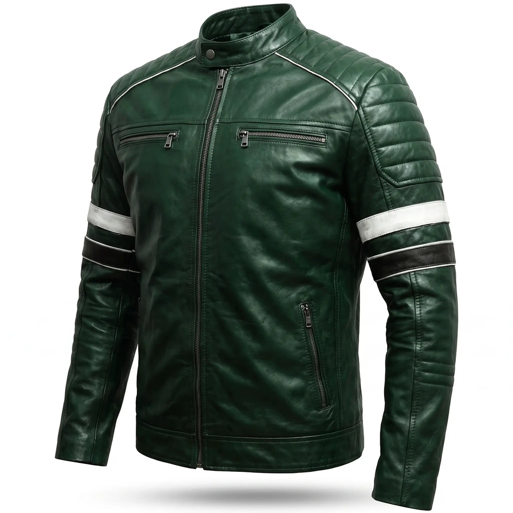 Custom Tailored Men’s Dark Green Motorcycle Genuine Leather Jacket