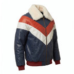 Men’s Custom Tailored Genuine Leather V Bomber Jacket fur Collar Red/White/Navy