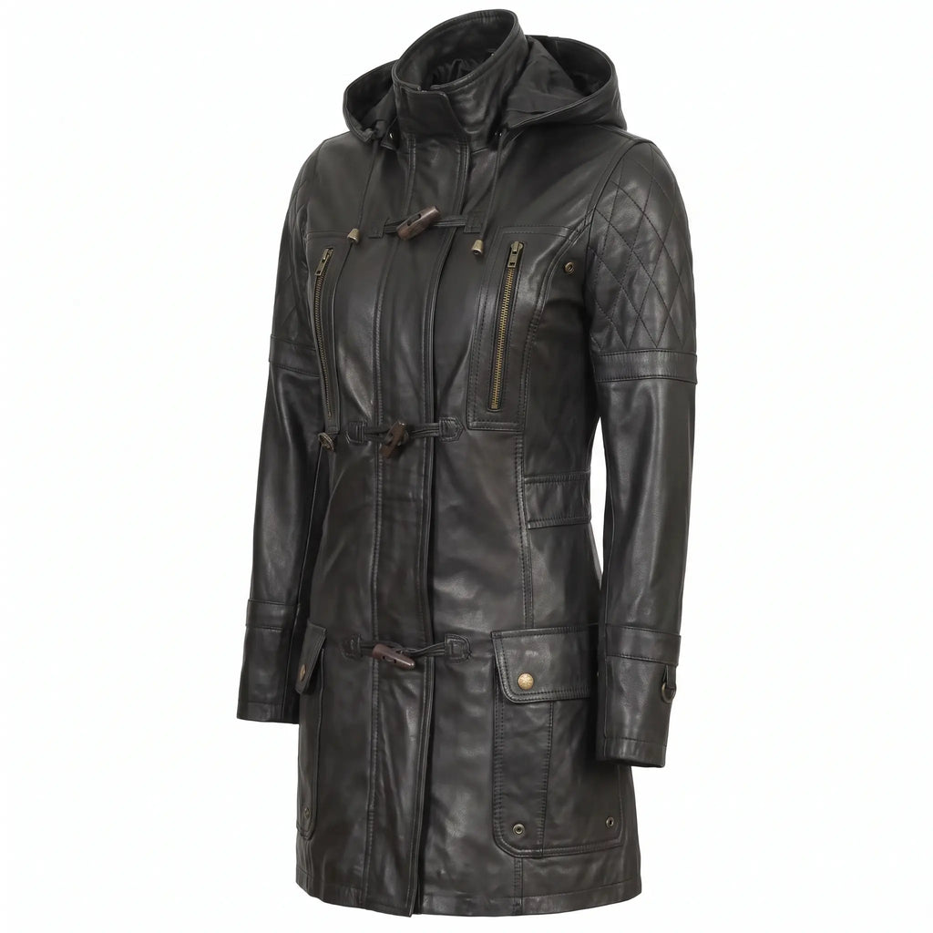 Women’s Custom Tailored Black Hooded Genuine Sheepskin Leather Coat