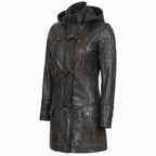 Women’s Custom Tailored Black Hooded Genuine Sheepskin Leather Coat