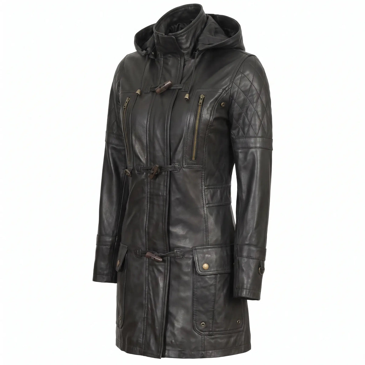 Women’s Custom Tailored Black Hooded Genuine Sheepskin Leather Coat
