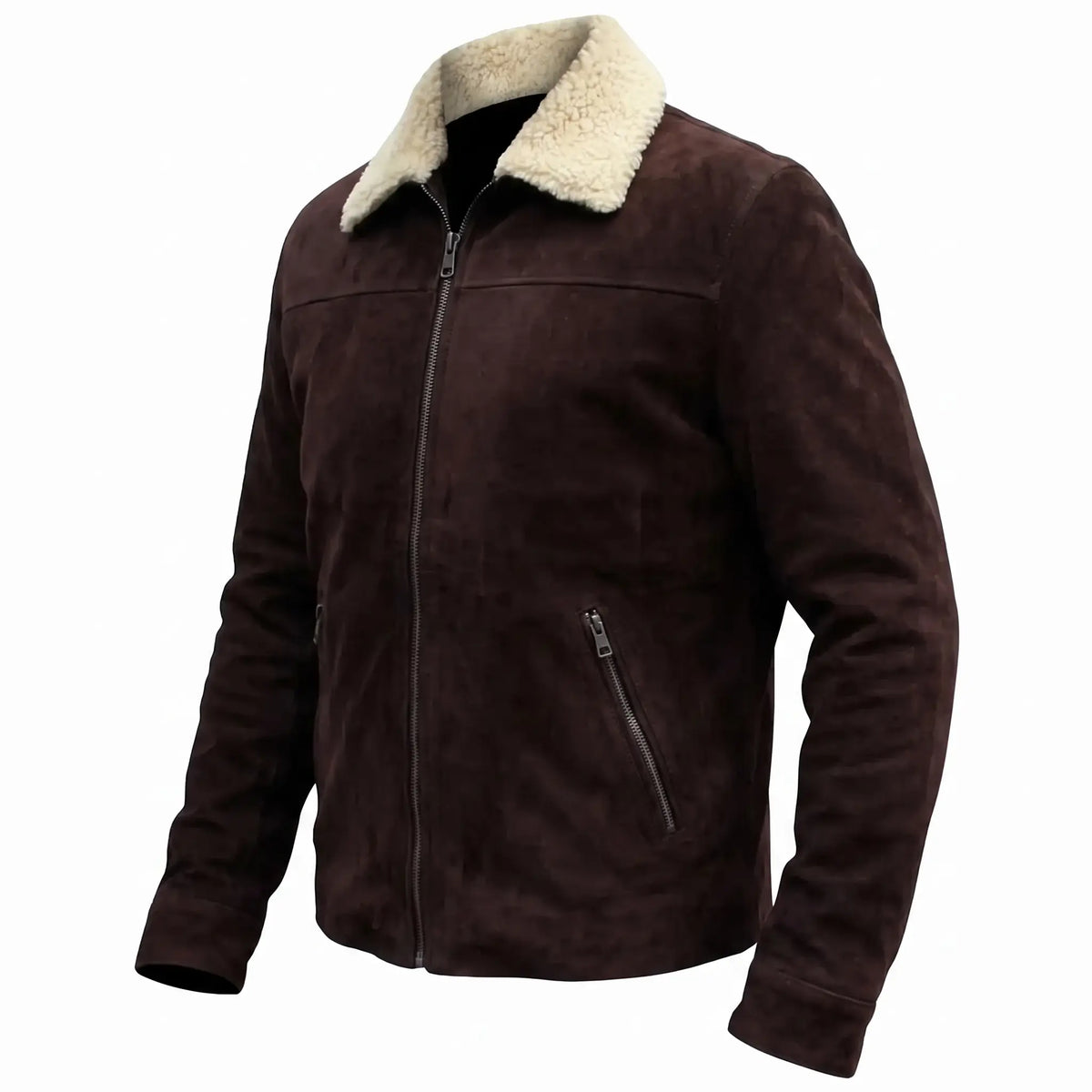 Custom Tailored Men’s Brown Genuine Sheepskin Leather Jacket with Genuine Shearling Fur Collar