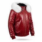 Custom Tailored Men’s Crocodile Embossed Fur Hooded Genuine Sheepskin Leather Jacket