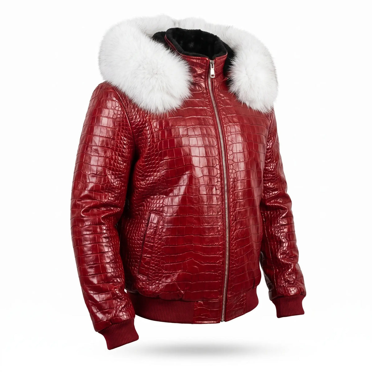 Custom Tailored Men’s Crocodile Embossed Fur Hooded Genuine Sheepskin Leather Jacket