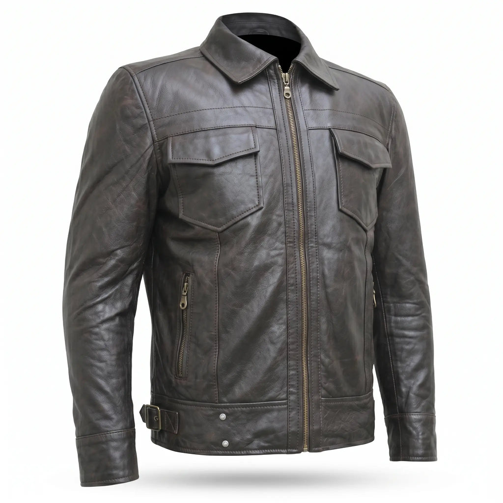 Real Leather Biker Jacket-Brown