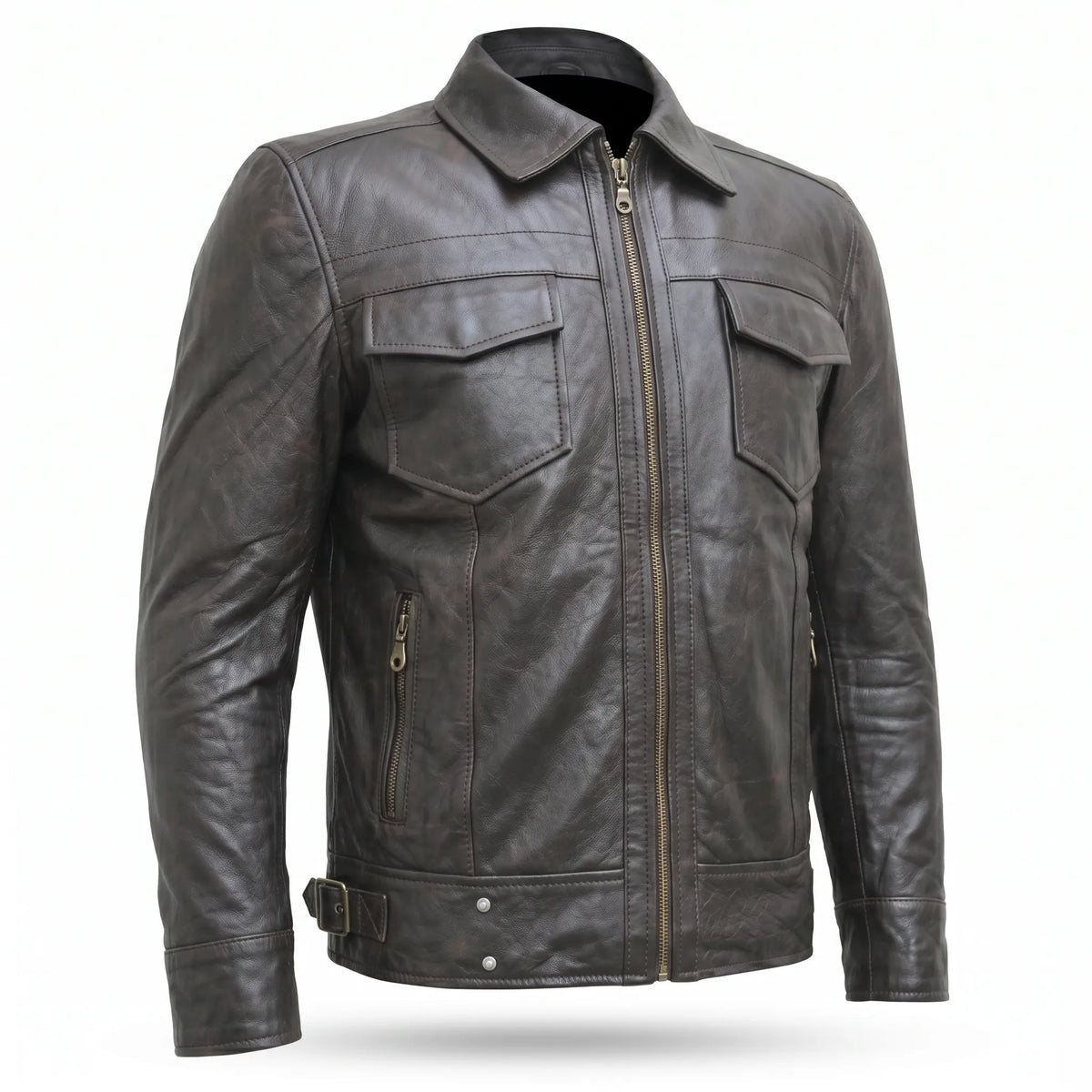 Real Leather Biker Jacket-Brown