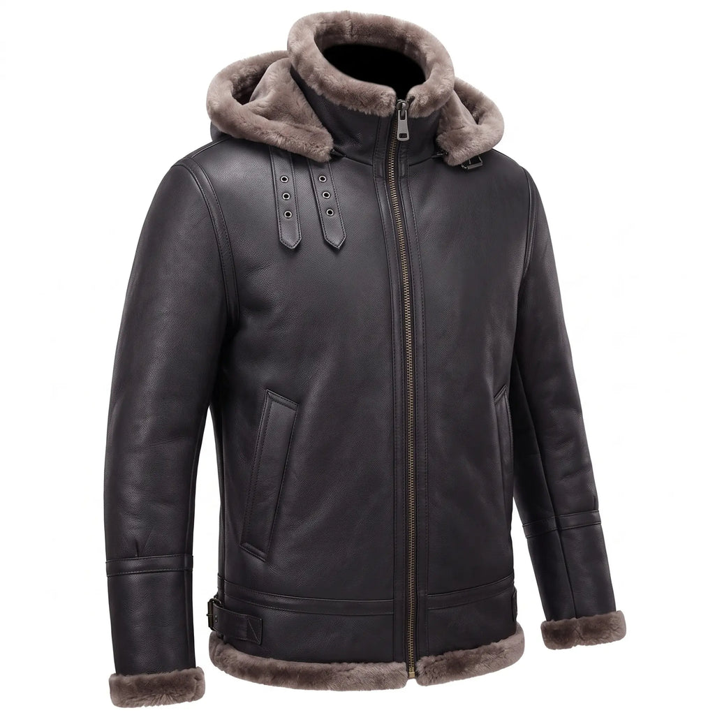 B3 Genuine Leather Aviator Flight Fur Shearling Bomber Hoodie Jacket