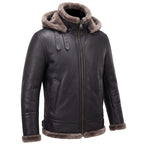 B3 Genuine Leather Aviator Flight Fur Shearling Bomber Hoodie Jacket