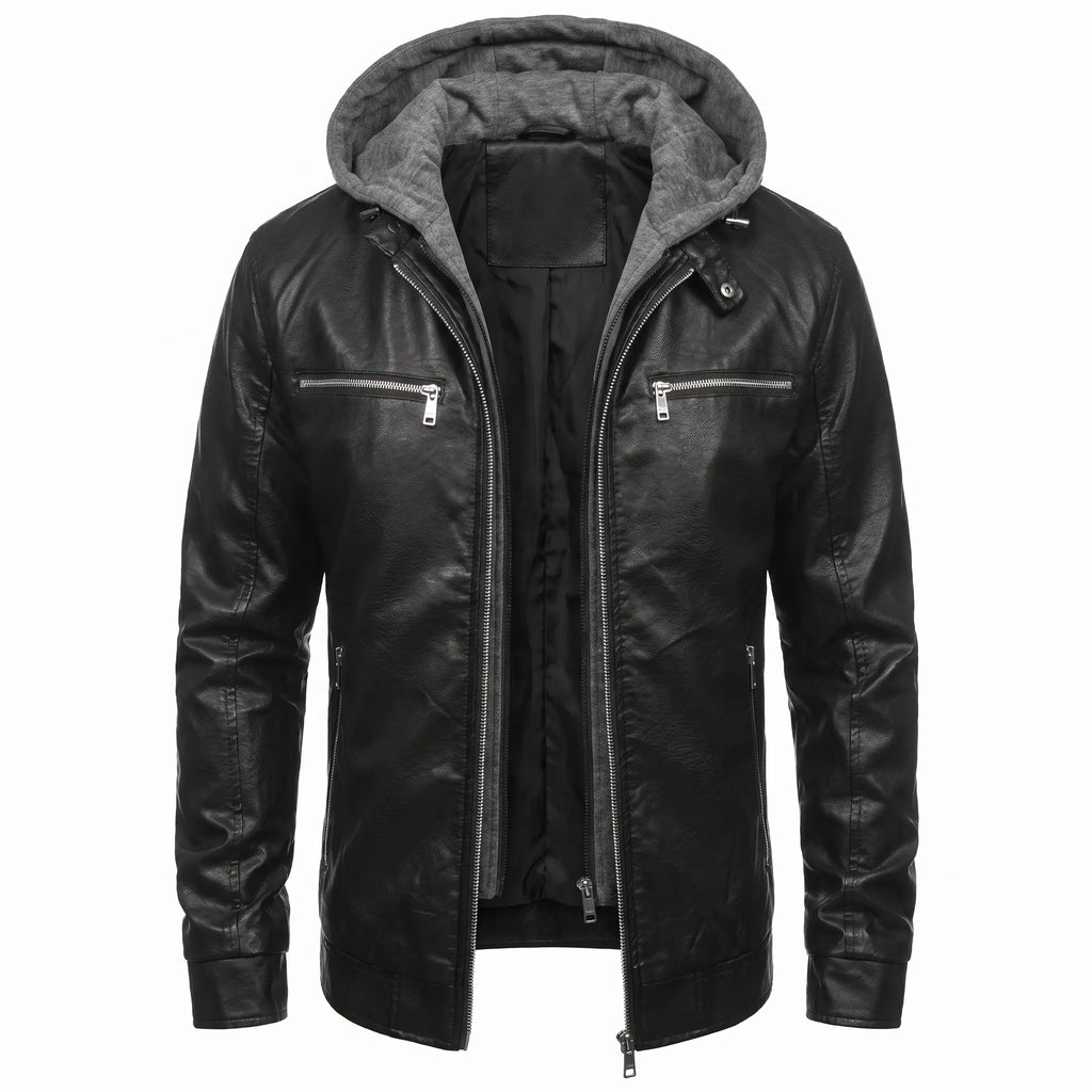 Leather Jacket Black Men’s-Hooded