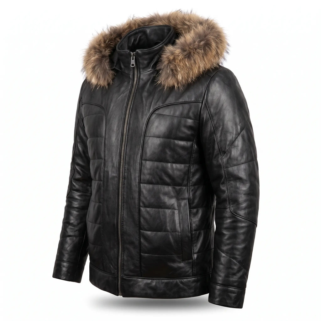 Custom Tailored Black Real Sheep Skin Leather Puffer Padded Raccoon Hood Jacket