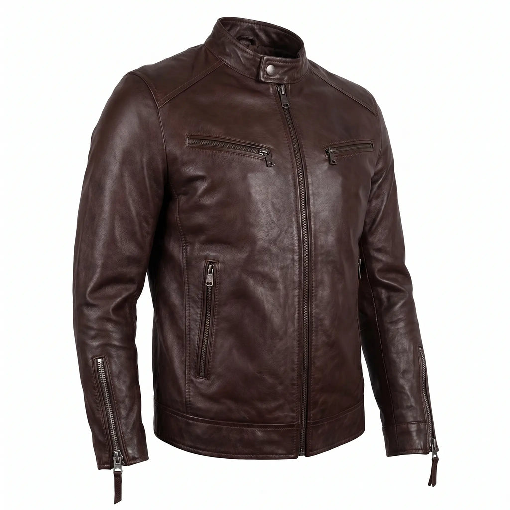 Real Leather Vintage Biker Jacket-Distressed Brown