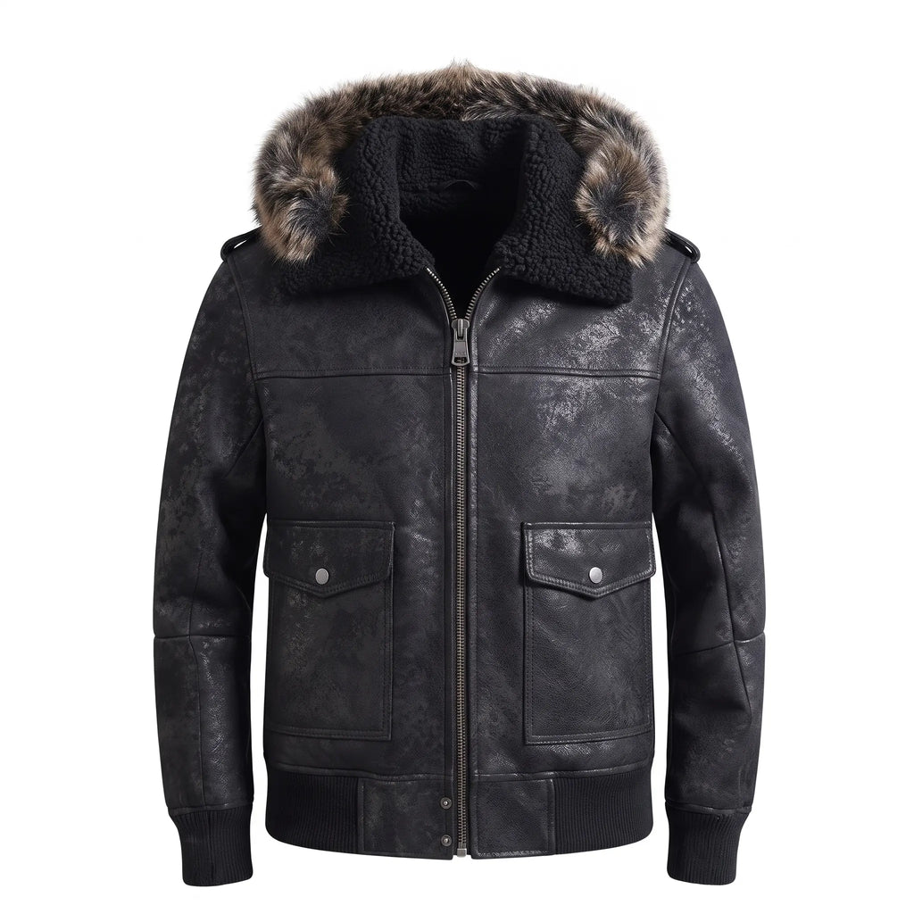 Custom Tailored Men’s Black Aviator Real Sheepskin Shearling Leather Jacket