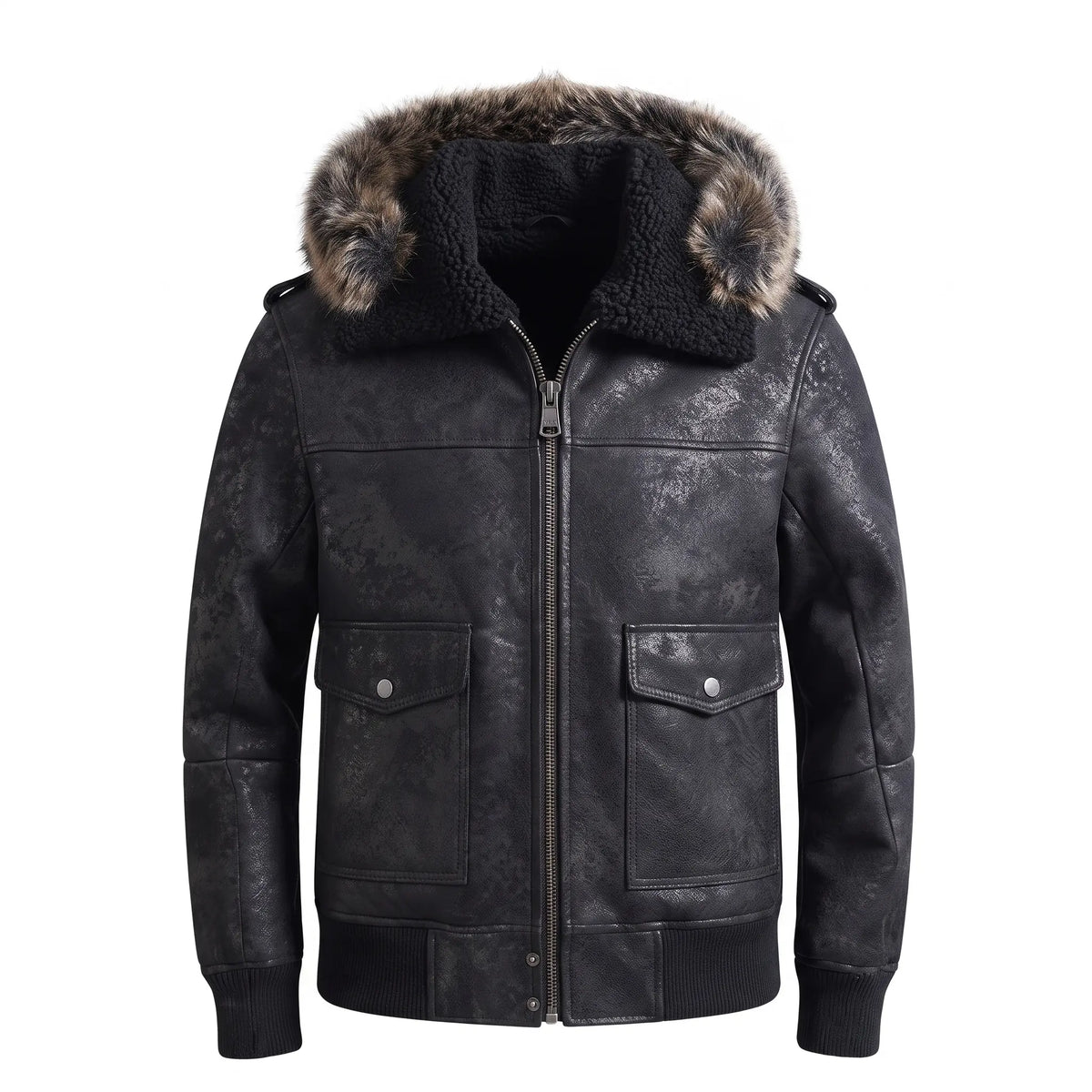 Custom Tailored Men’s Black Aviator Real Sheepskin Shearling Leather Jacket