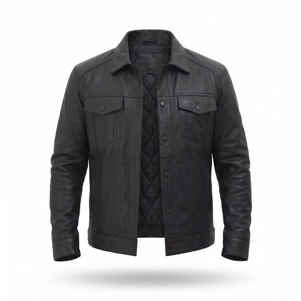 Men’s Custom Tailored Black Trucker Genuine Sheep Skin Motorcycle Jacket