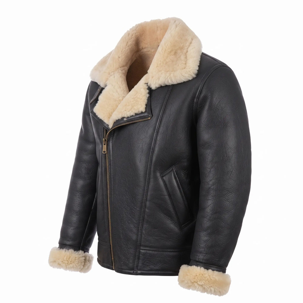Men’s Sheepskin Shearling Fur Bomber B3/B17 Aviator Vintage Leather Biker Jacket