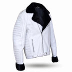 Custom Tailored Men’s White Genuine Sheep Skin Leather Biker Jacket Fur Collar