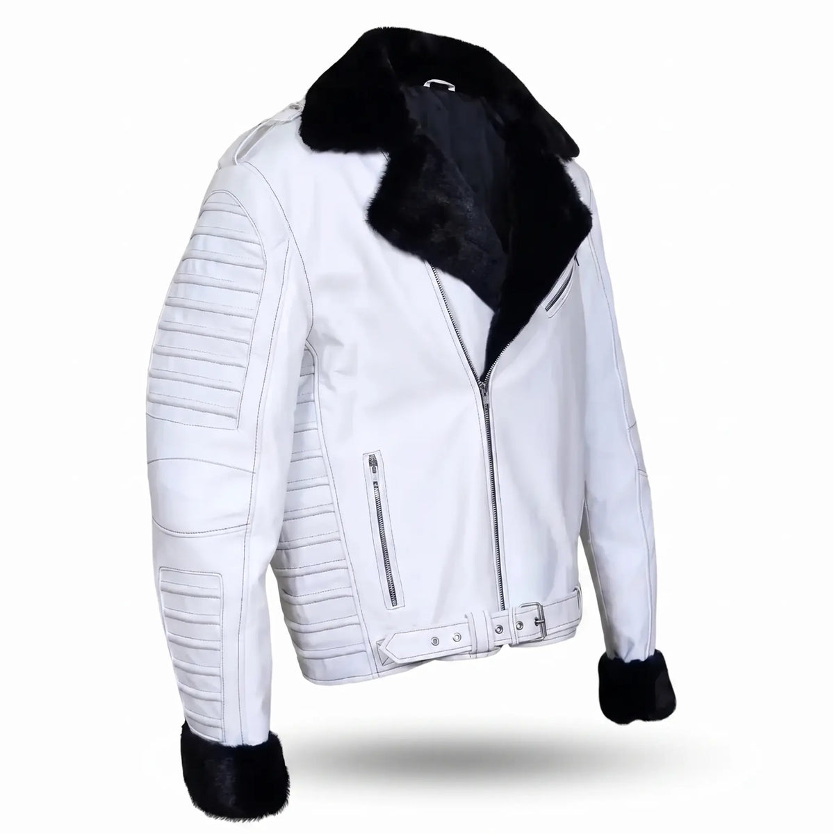Custom Tailored Men’s White Genuine Sheep Skin Leather Biker Jacket Fur Collar