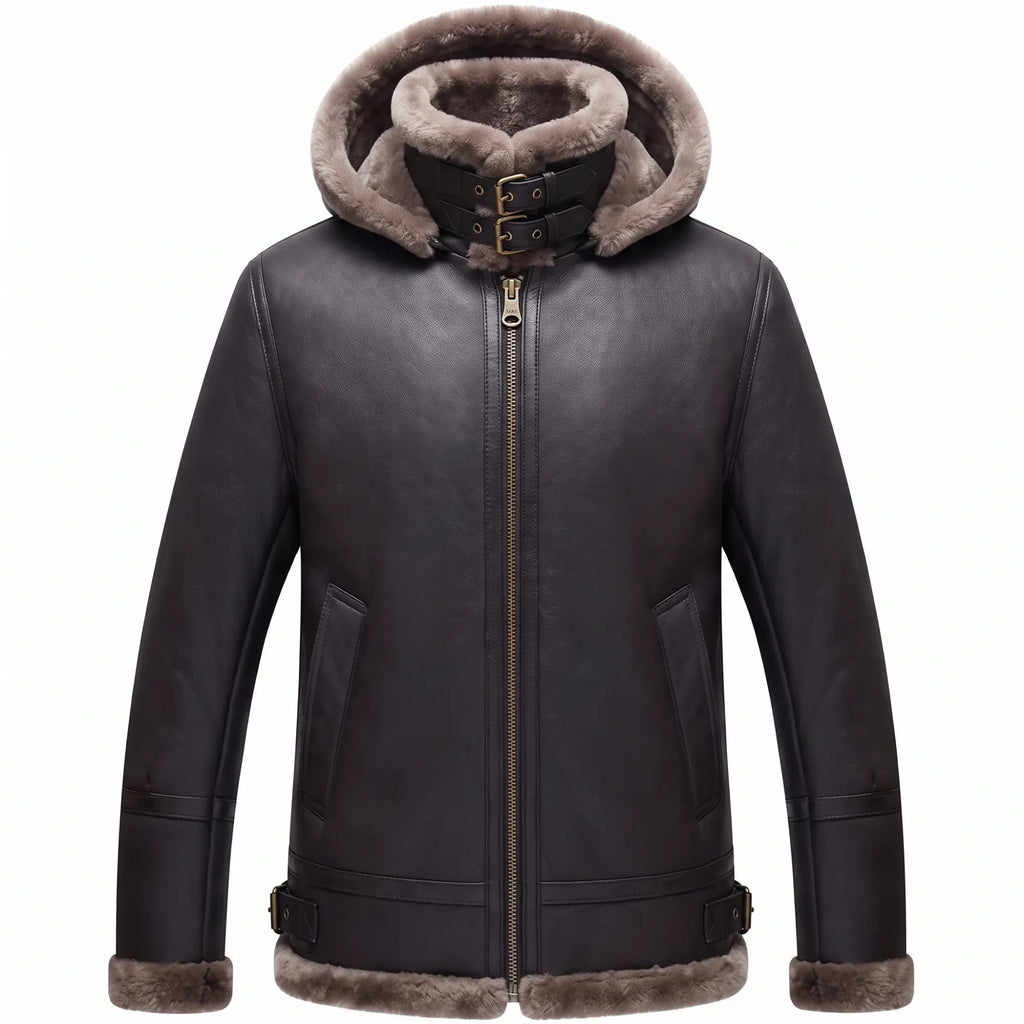 B3 Genuine Leather Aviator Flight Fur Shearling Bomber Hoodie Jacket