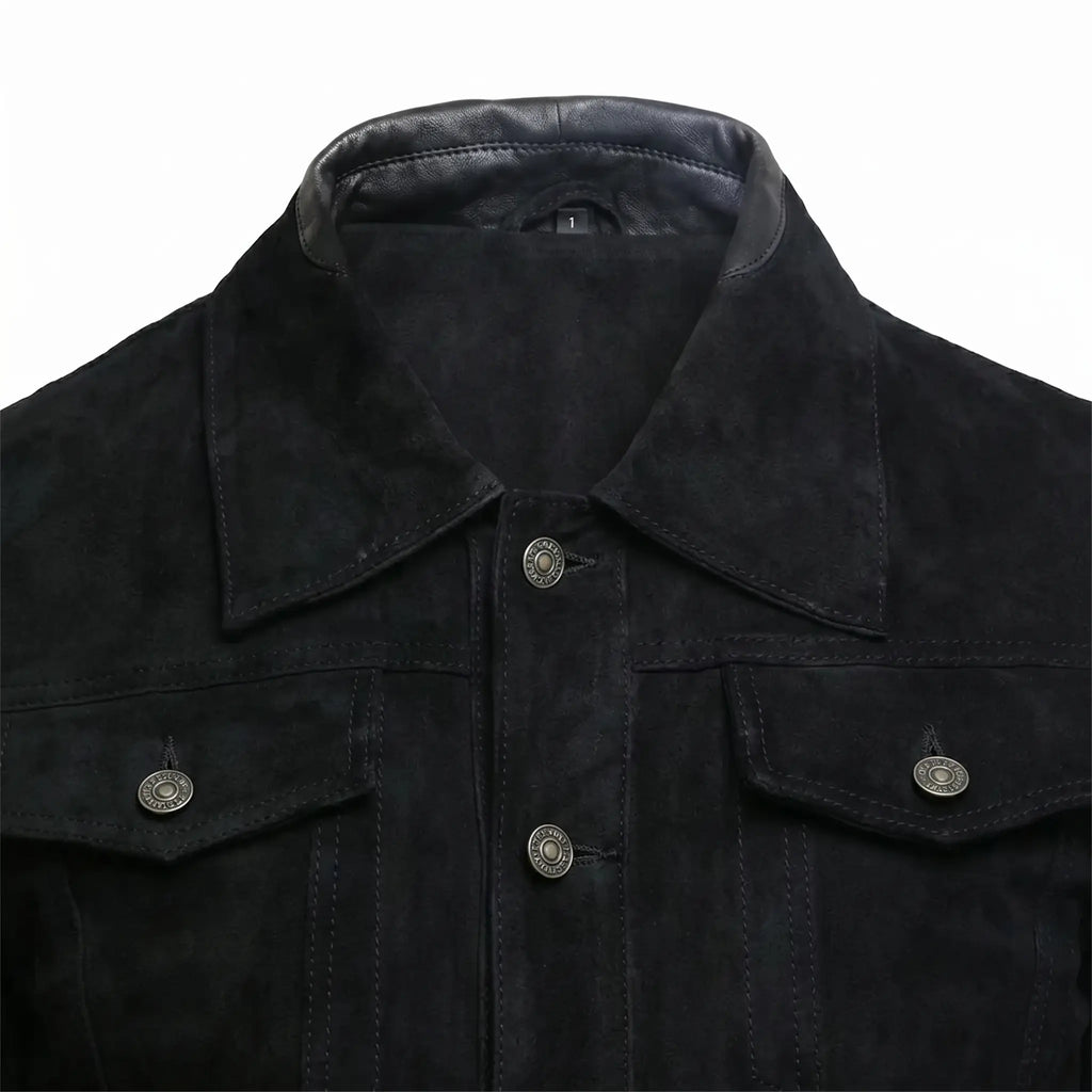 New Men’s Zipper Suede Genuine Leather Jacket Biker Motorcycle Button Black