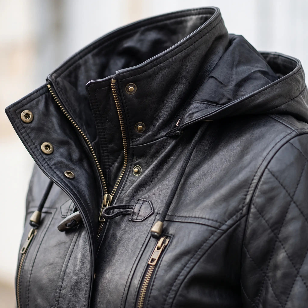 Women’s Custom Tailored Black Hooded Genuine Sheepskin Leather Coat