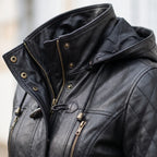 Women’s Custom Tailored Black Hooded Genuine Sheepskin Leather Coat