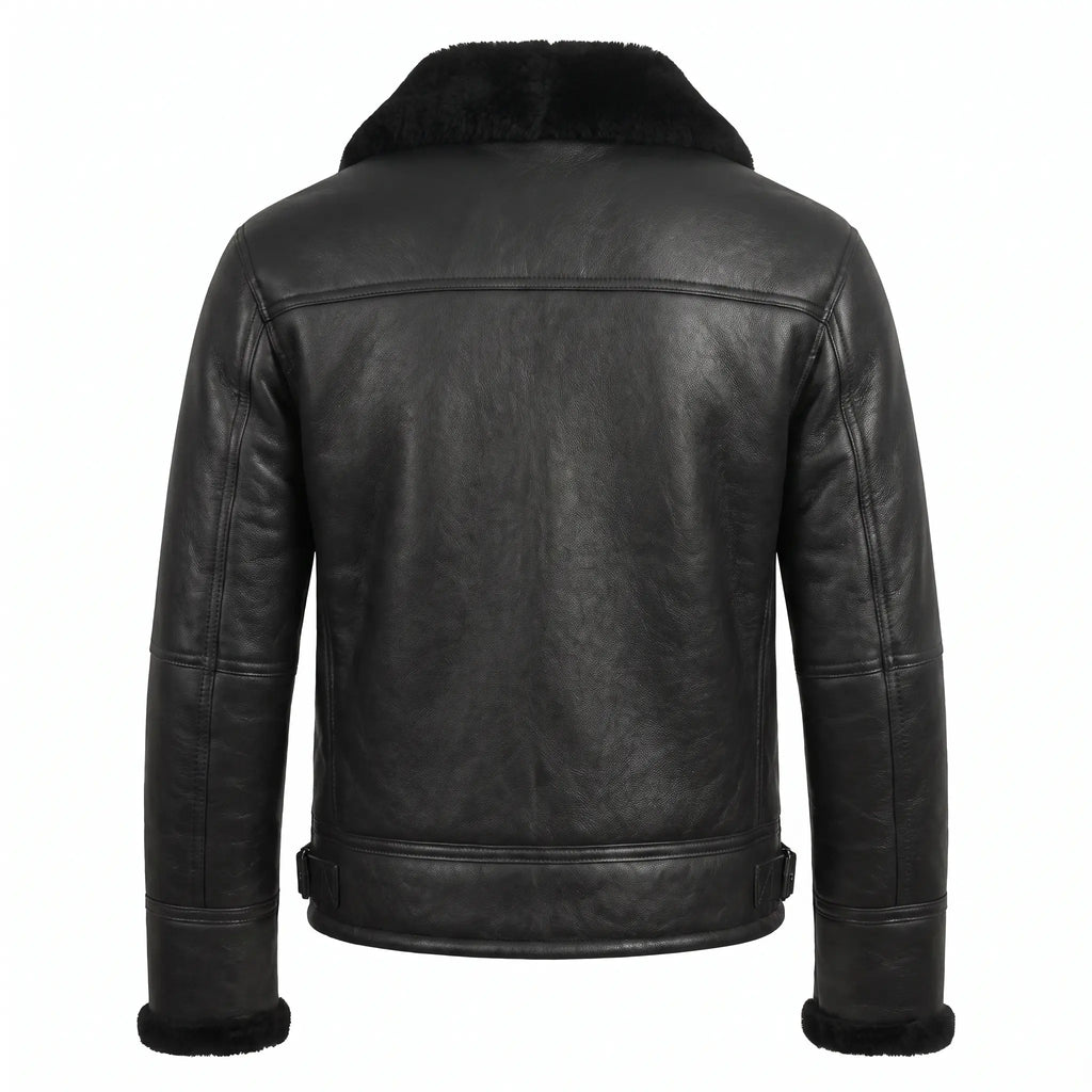 Men’s Sheepskin Shearling Fur Bomber B3 Aviator Black Leather Jacket