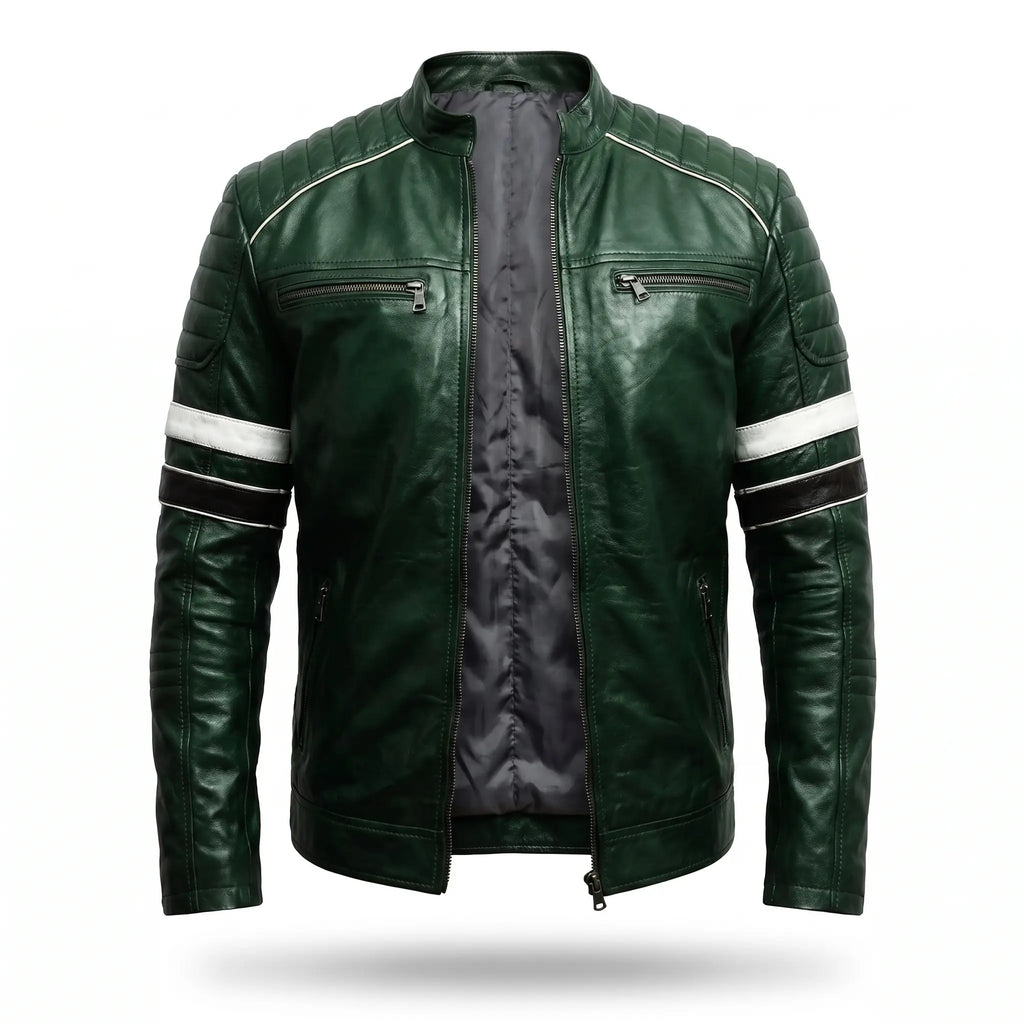 Custom Tailored Men’s Dark Green Motorcycle Genuine Leather Jacket