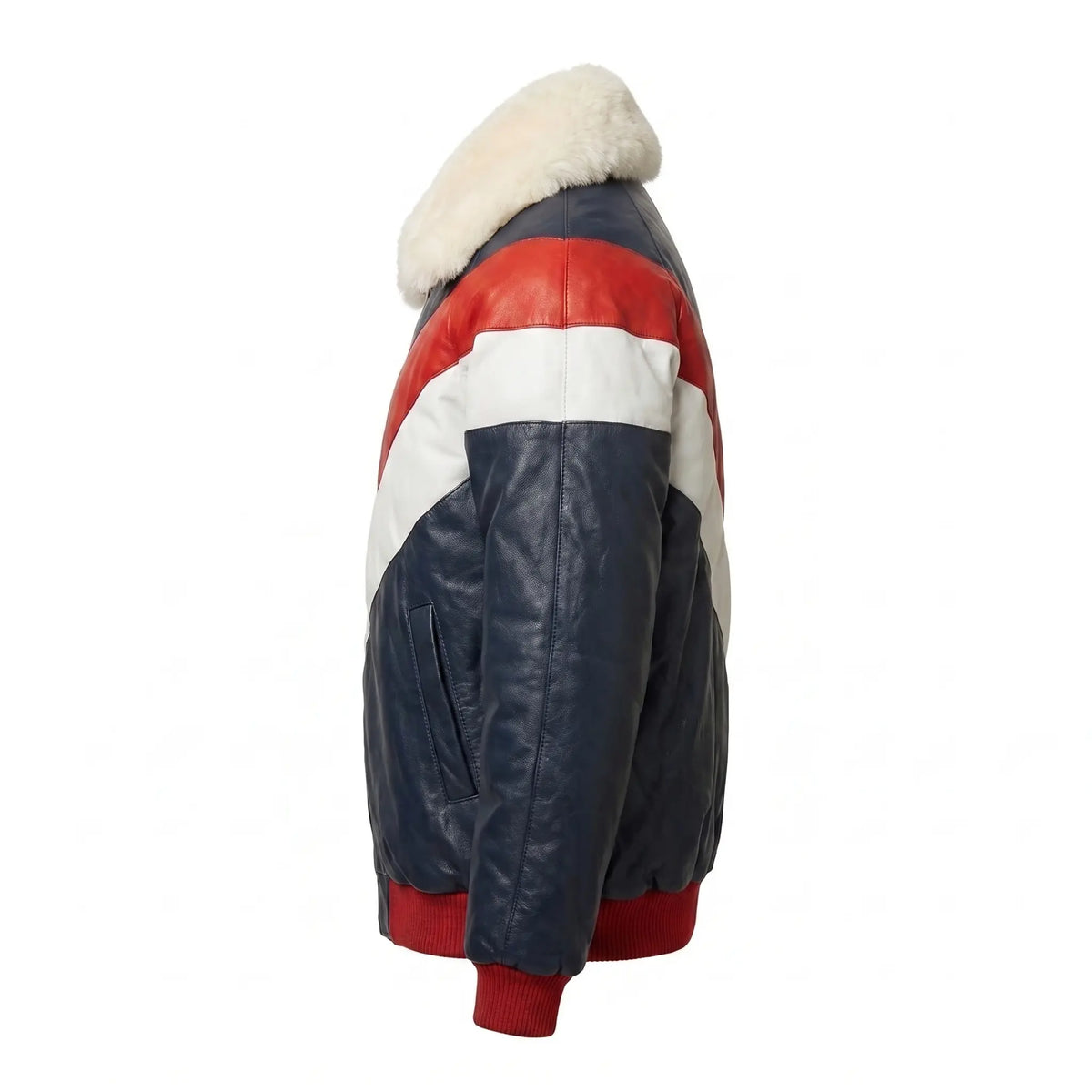 Men’s Custom Tailored Genuine Leather V Bomber Jacket fur Collar Red/White/Navy
