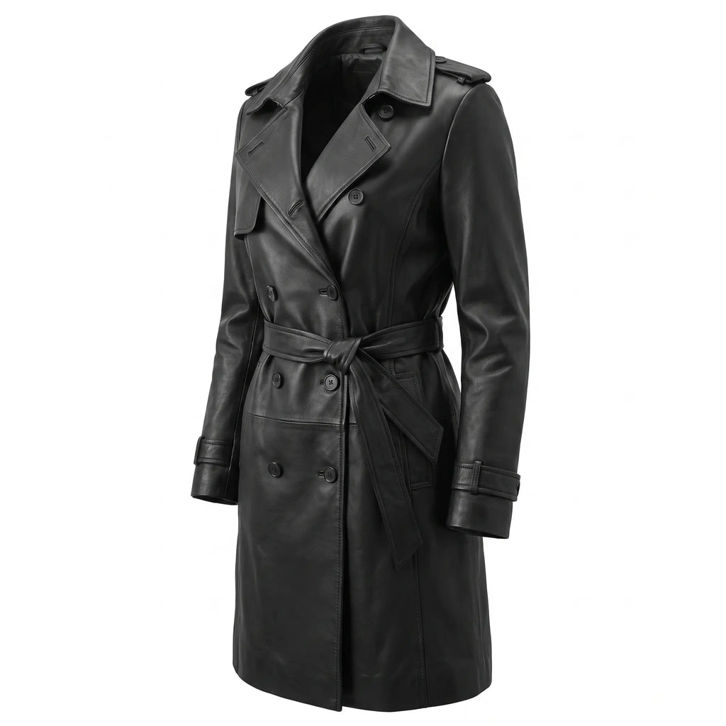 Men’s Custom Tailored Genuine Leather Trench Coat Belted Coat Jacket