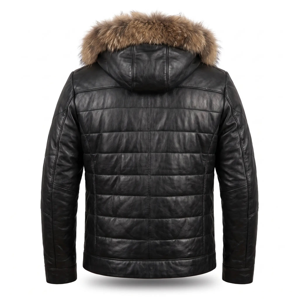 Custom Tailored Black Real Sheep Skin Leather Puffer Padded Raccoon Hood Jacket