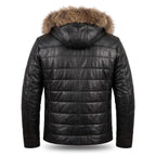 Custom Tailored Black Real Sheep Skin Leather Puffer Padded Raccoon Hood Jacket