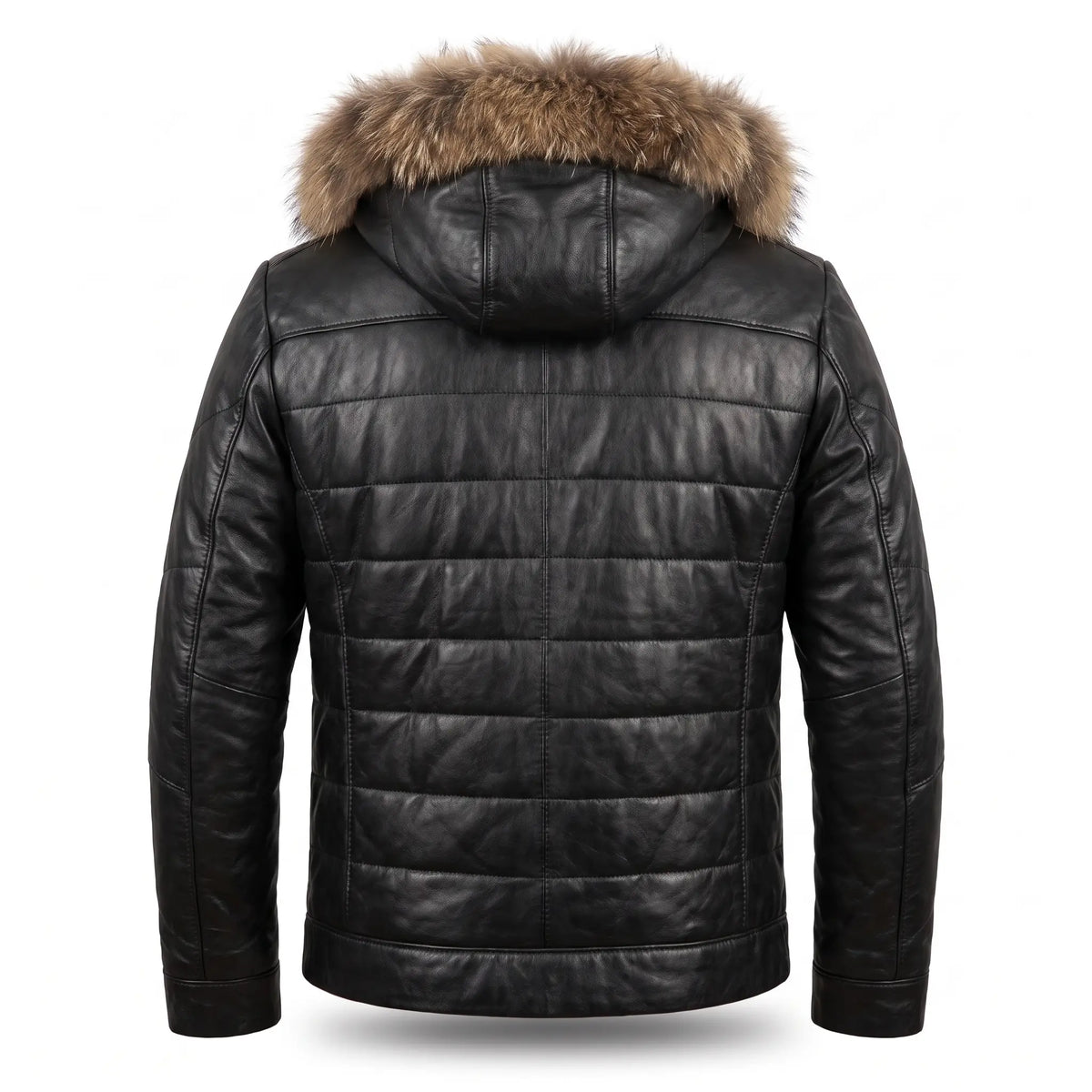 Custom Tailored Black Real Sheep Skin Leather Puffer Padded Raccoon Hood Jacket
