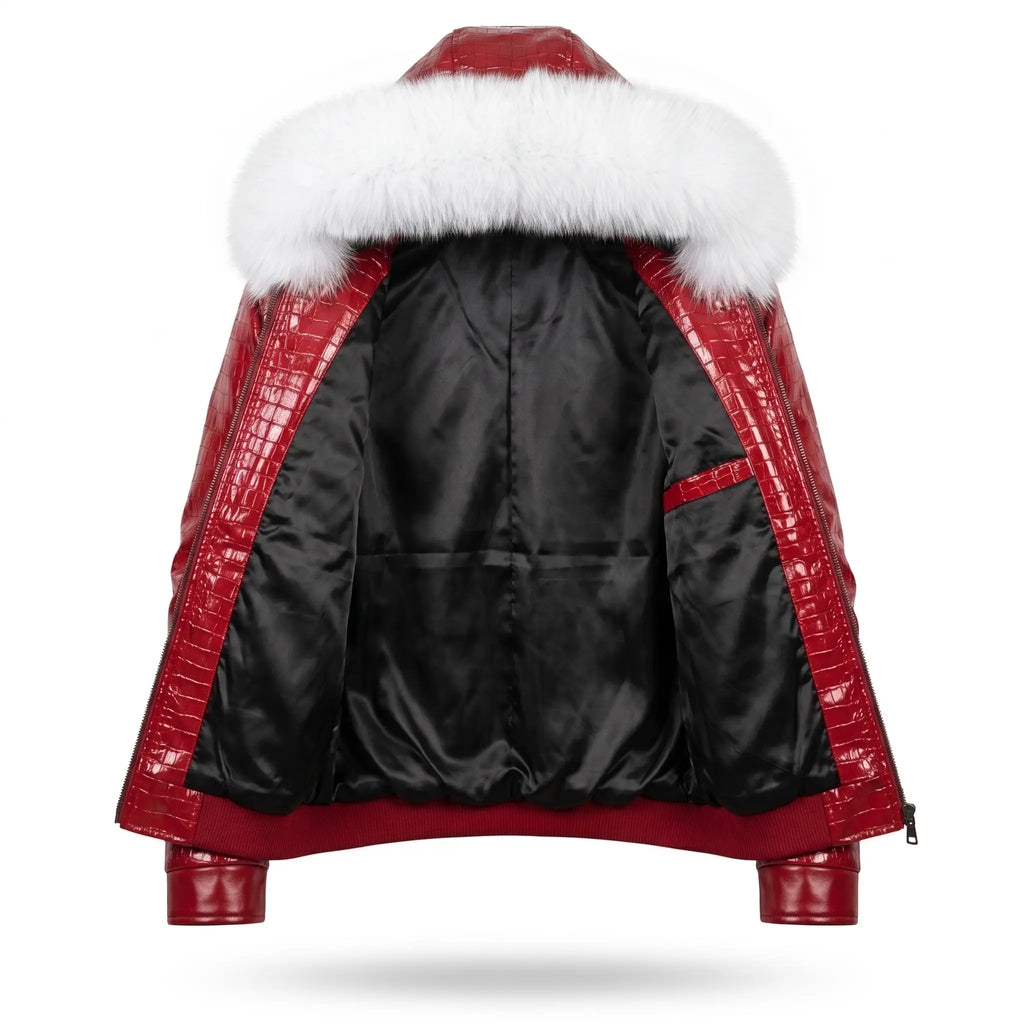 Custom Tailored Men’s Crocodile Embossed Fur Hooded Genuine Sheepskin Leather Jacket