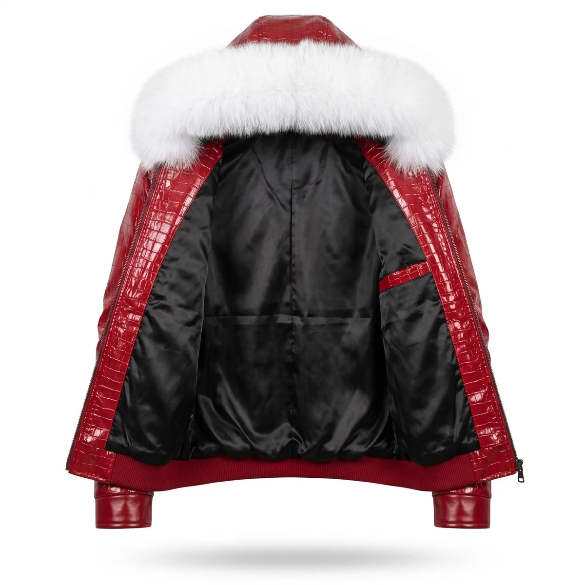 Custom Tailored Men’s Crocodile Embossed Fur Hooded Genuine Sheepskin Leather Jacket
