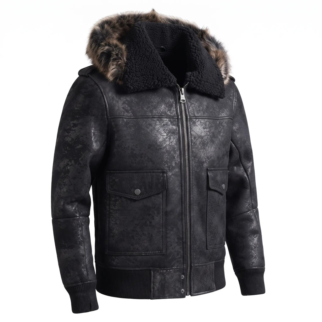 Custom Tailored Men’s Black Aviator Real Sheepskin Shearling Leather Jacket