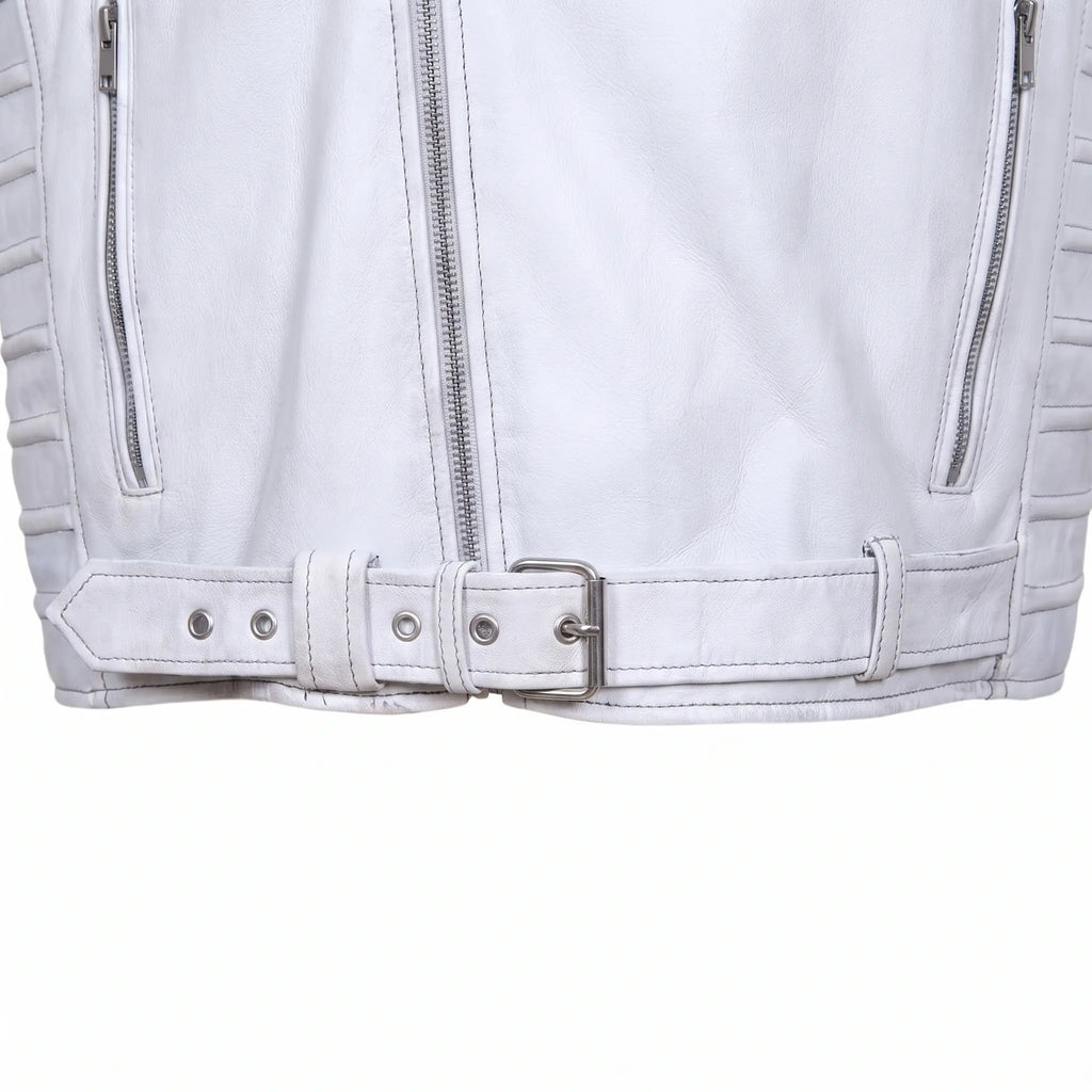 Custom Tailored Men’s White Genuine Sheep Skin Leather Biker Jacket Fur Collar