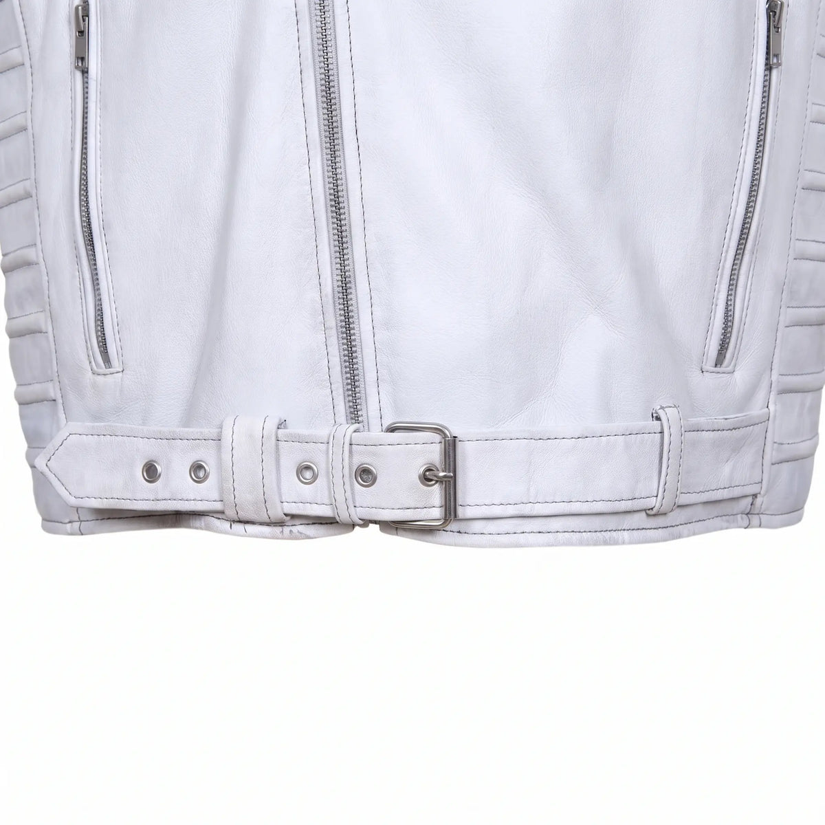 Custom Tailored Men’s White Genuine Sheep Skin Leather Biker Jacket Fur Collar