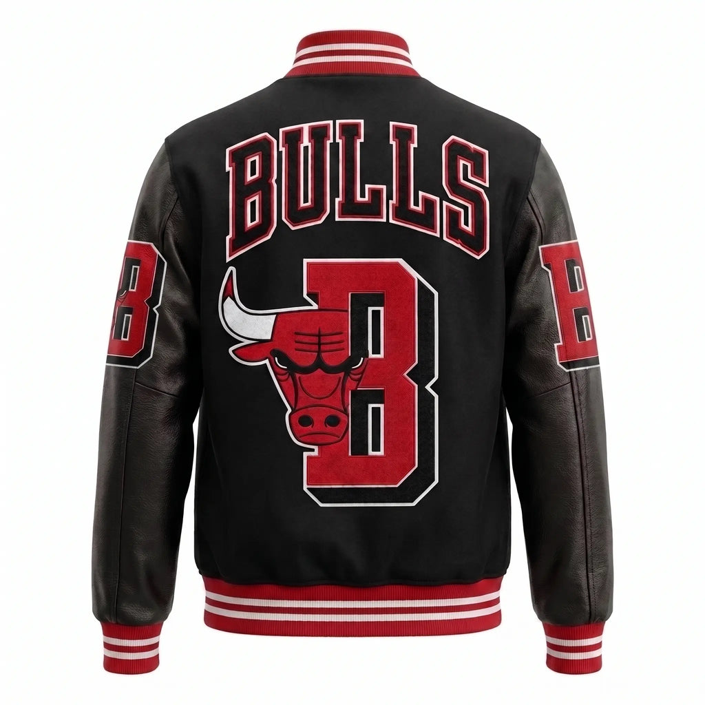 Custom Tailored Men’s Standard Chicago Bulls Mash Up Styled Varsity Genuine Sheepskin Leather Jacket
