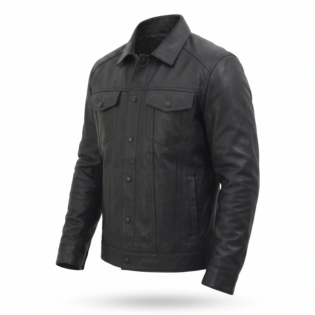 Men’s Custom Tailored Black Trucker Genuine Sheep Skin Motorcycle Jacket