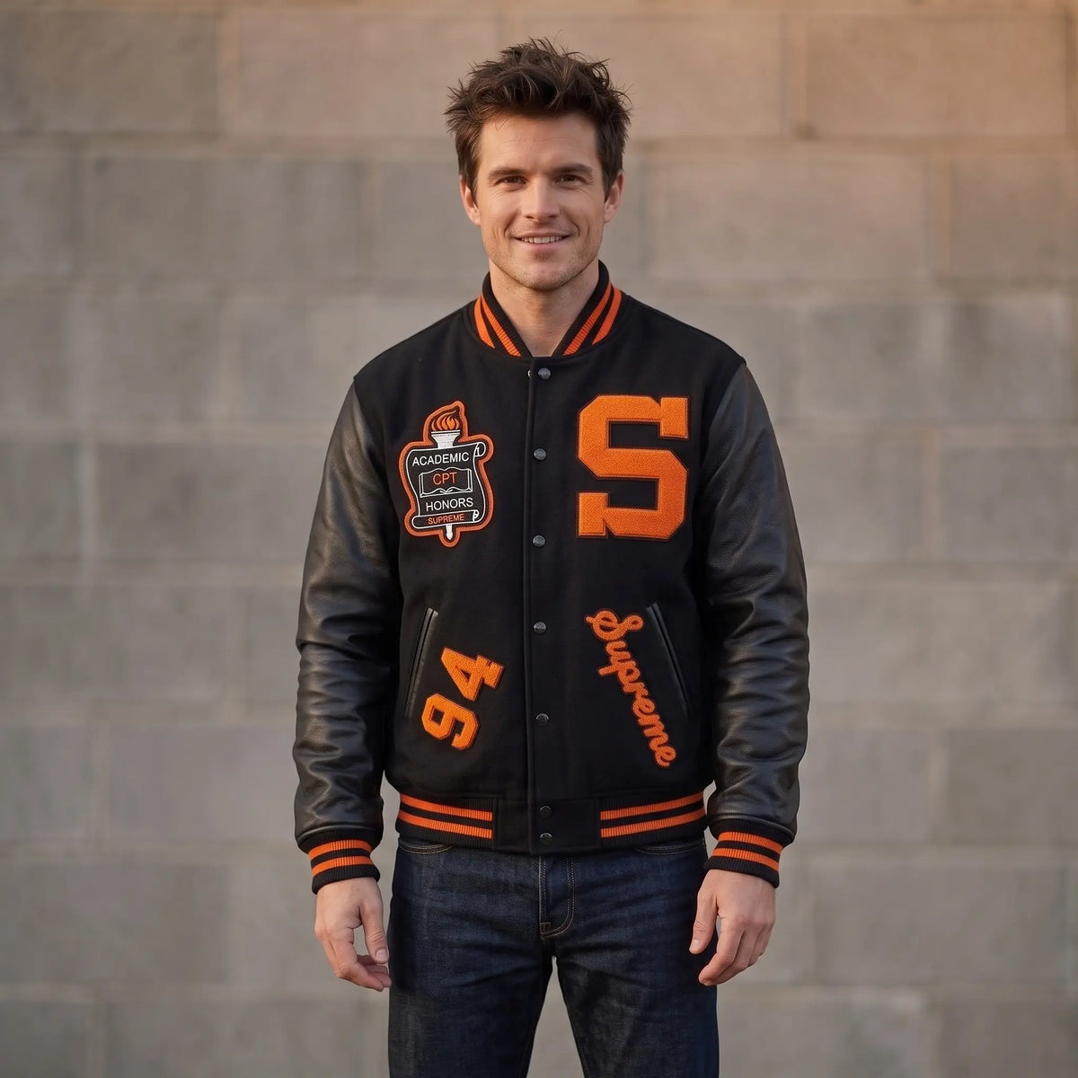 Custom Tailored Men’s SUPREME Team Varsity Inspired Genuine Sheepskin Leather Jacket