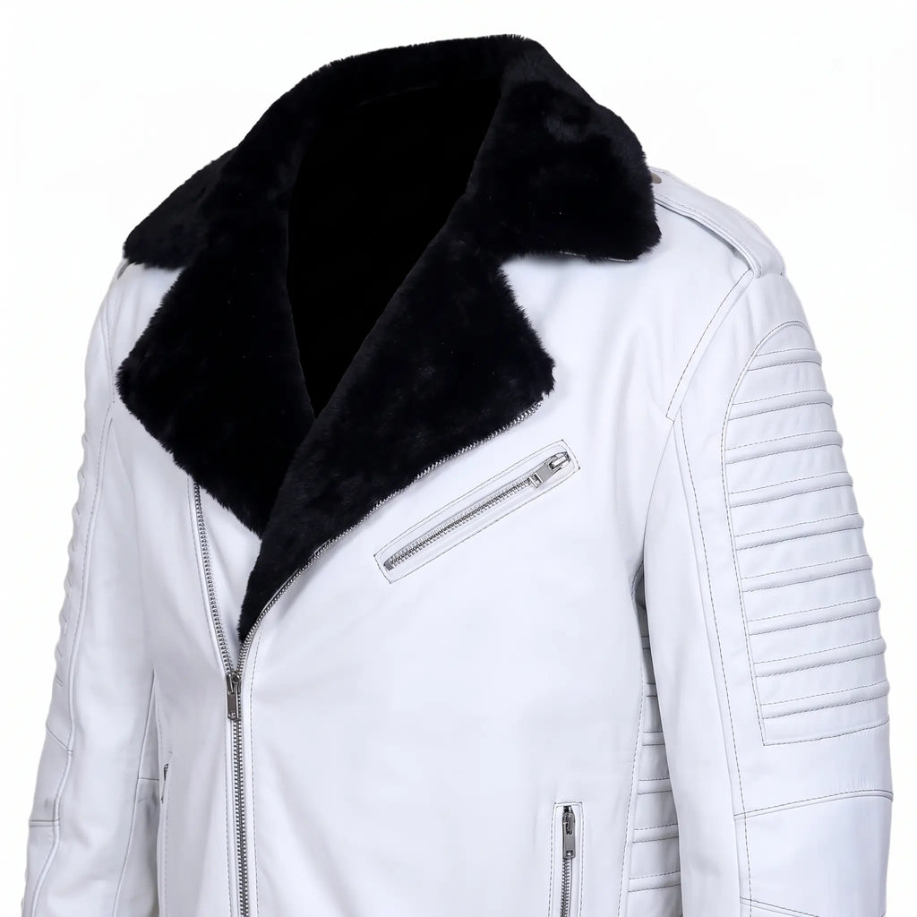 Custom Tailored Men’s White Genuine Sheep Skin Leather Biker Jacket Fur Collar