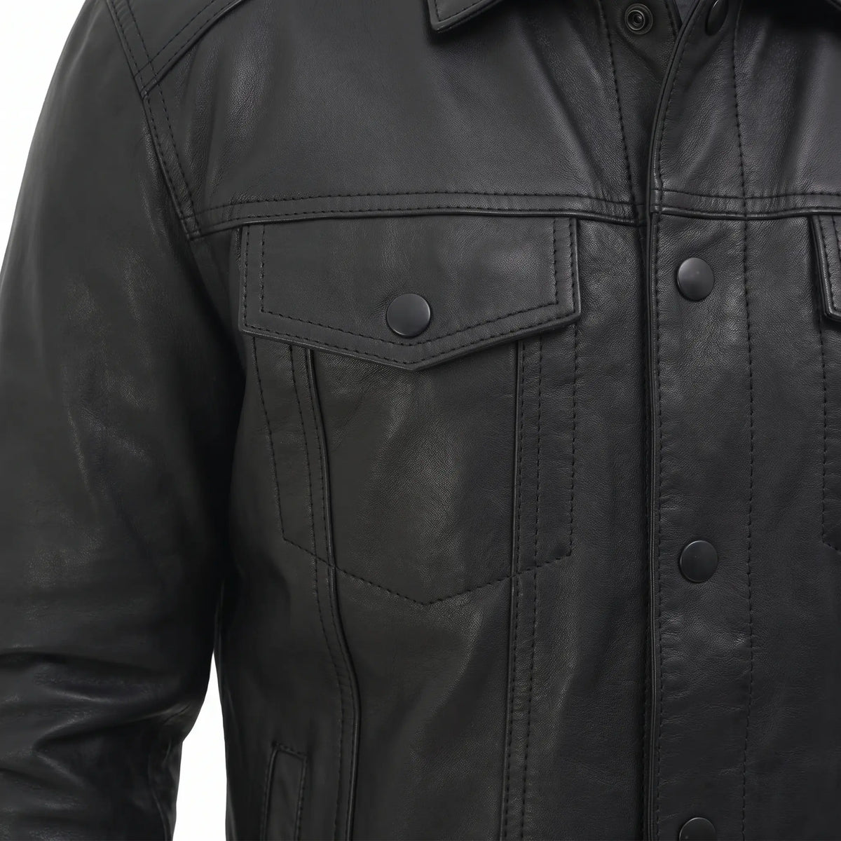 Men’s Custom Tailored Black Trucker Genuine Sheep Skin Motorcycle Jacket